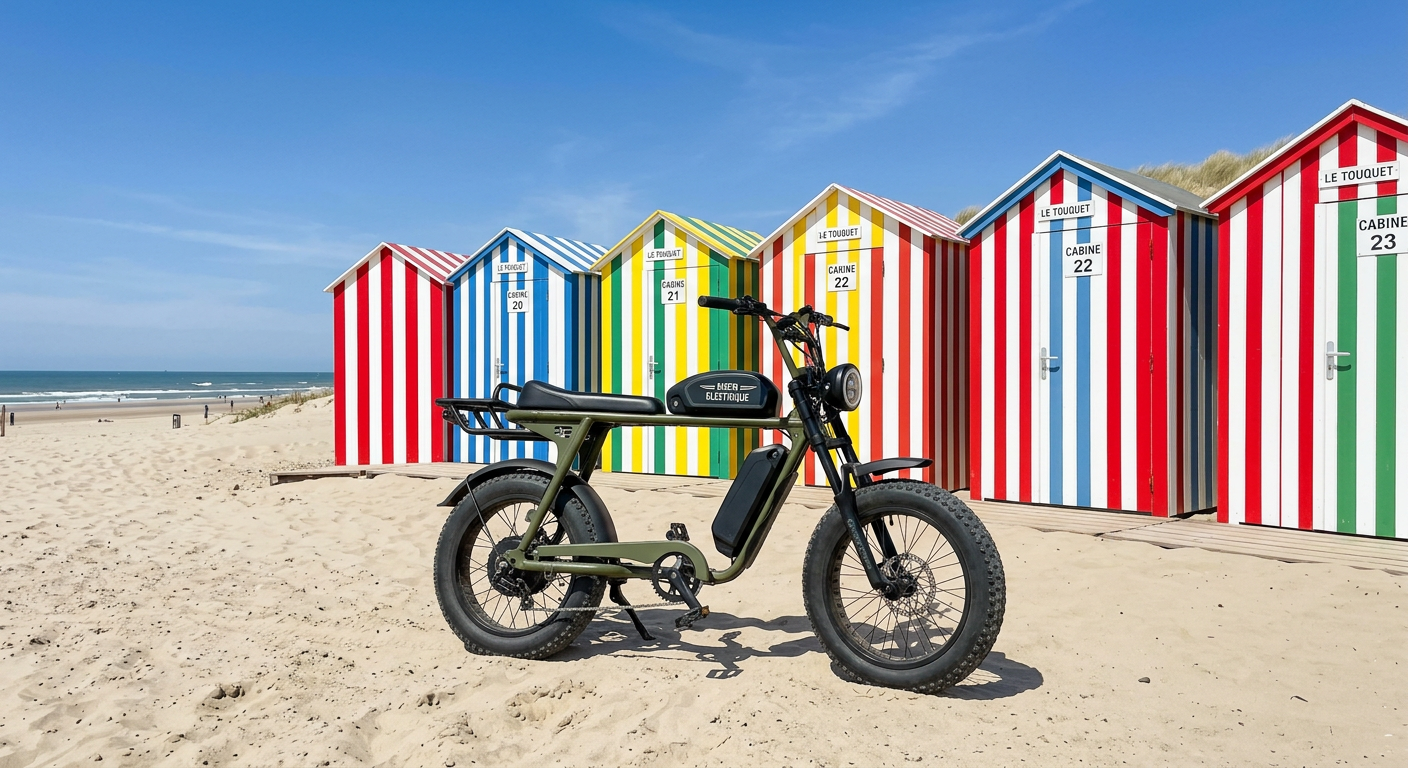 A Ride Le Touquet electric mini moto, past the striped cabins