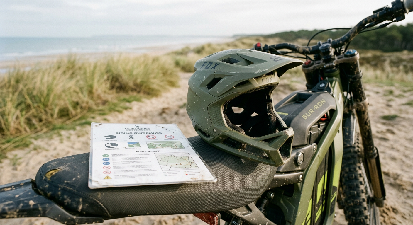 A helmet and riding-rules card resting on the moto seat