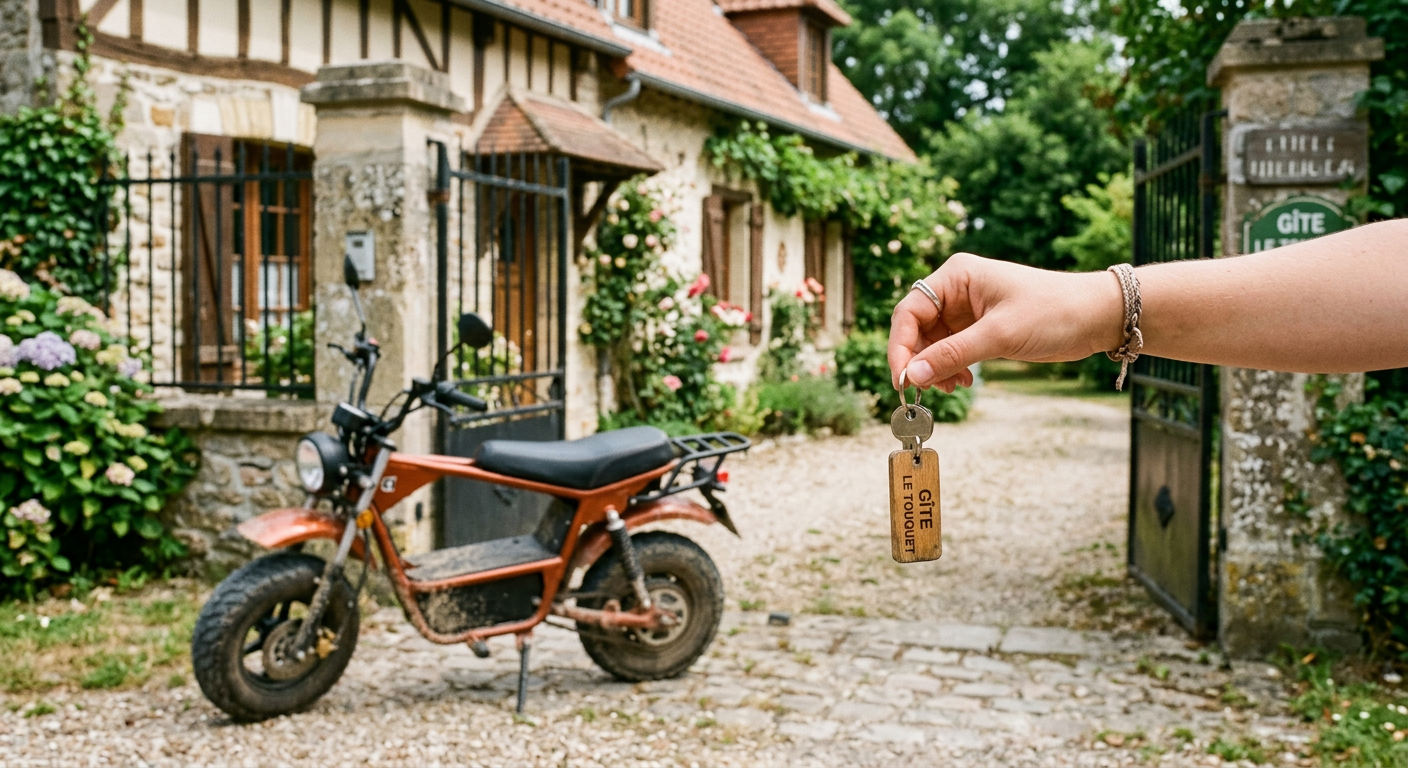 A moto key being handed over at the gate of a Le Touquet holiday rental
